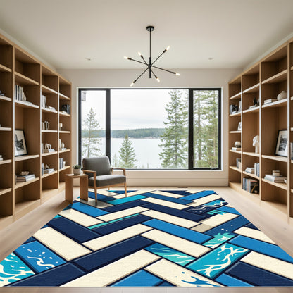 Geometric Herringbone Blue White Wave Rug
