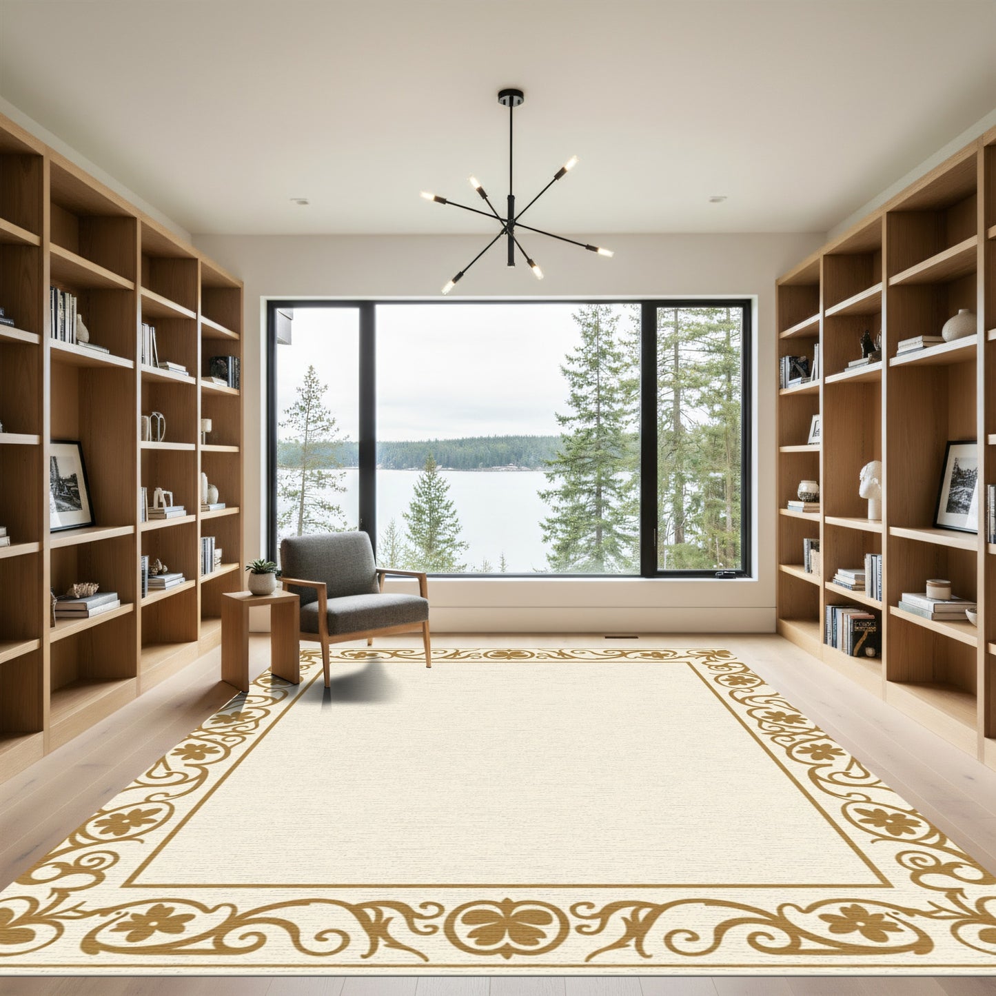 Golden Ochre Floral Vines Border Rug