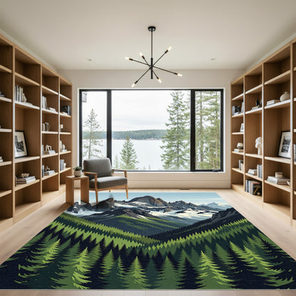 Majestic Snowy Mountain Forest Landscape Rug