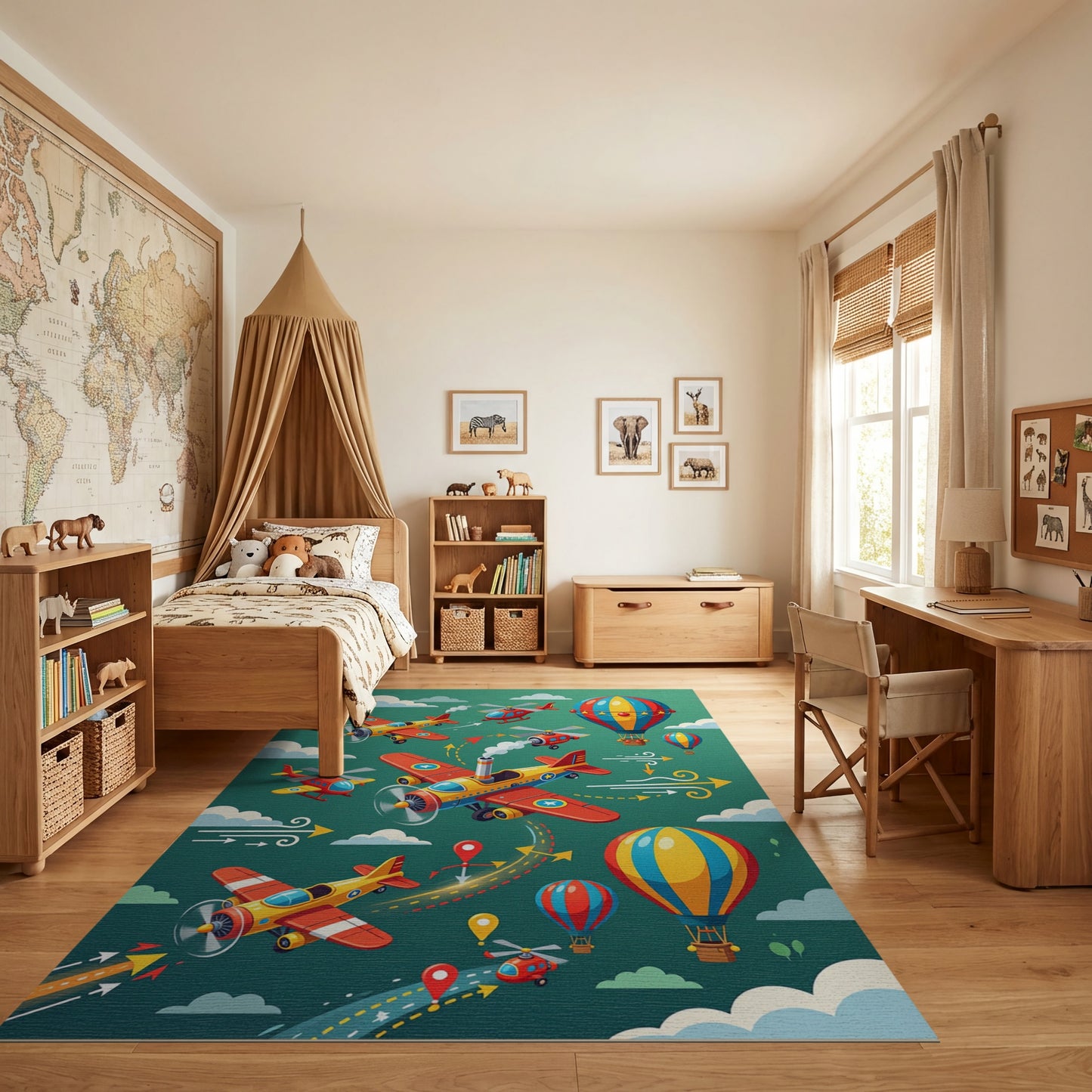 Colorful Whimsical Airplanes Balloons Helicopters Rug