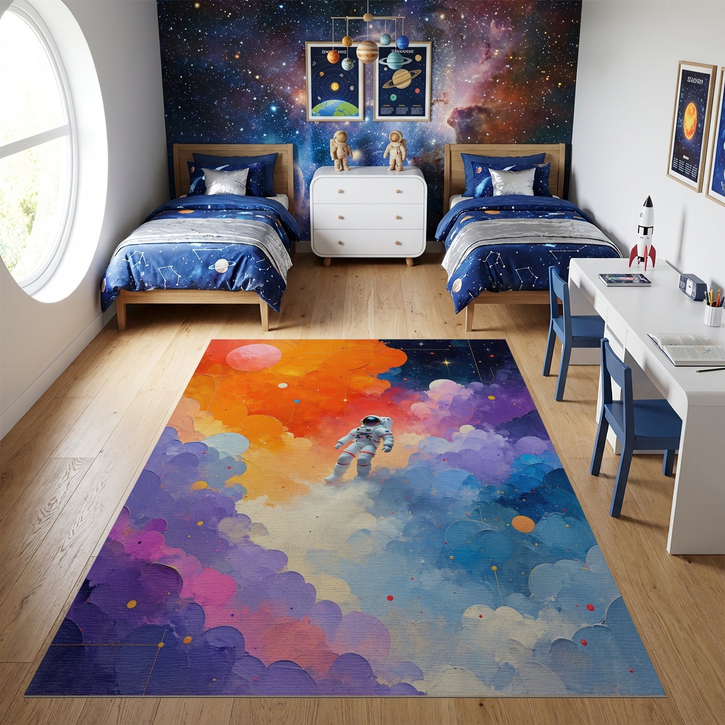 Vibrant Astronaut Cosmic Nebula Clouds Rug