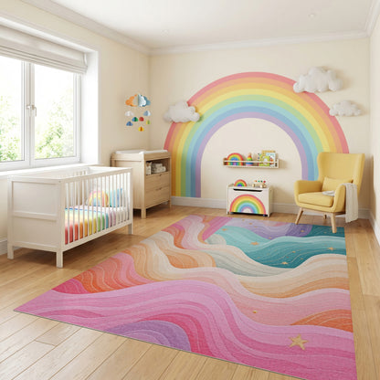 Pastel Wavy Layers Gold Stars Rug