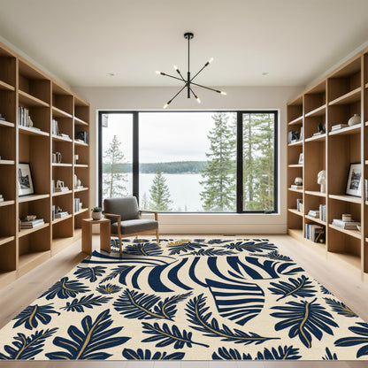 Navy Zebra Cream Tropical Foliage Rug