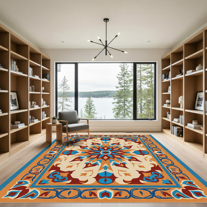 Orange Blue Medallion Geometric Border Rug