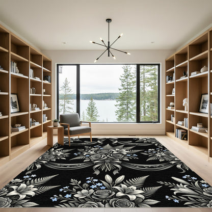 Ornate Bouquet Black White Ribbon Rug