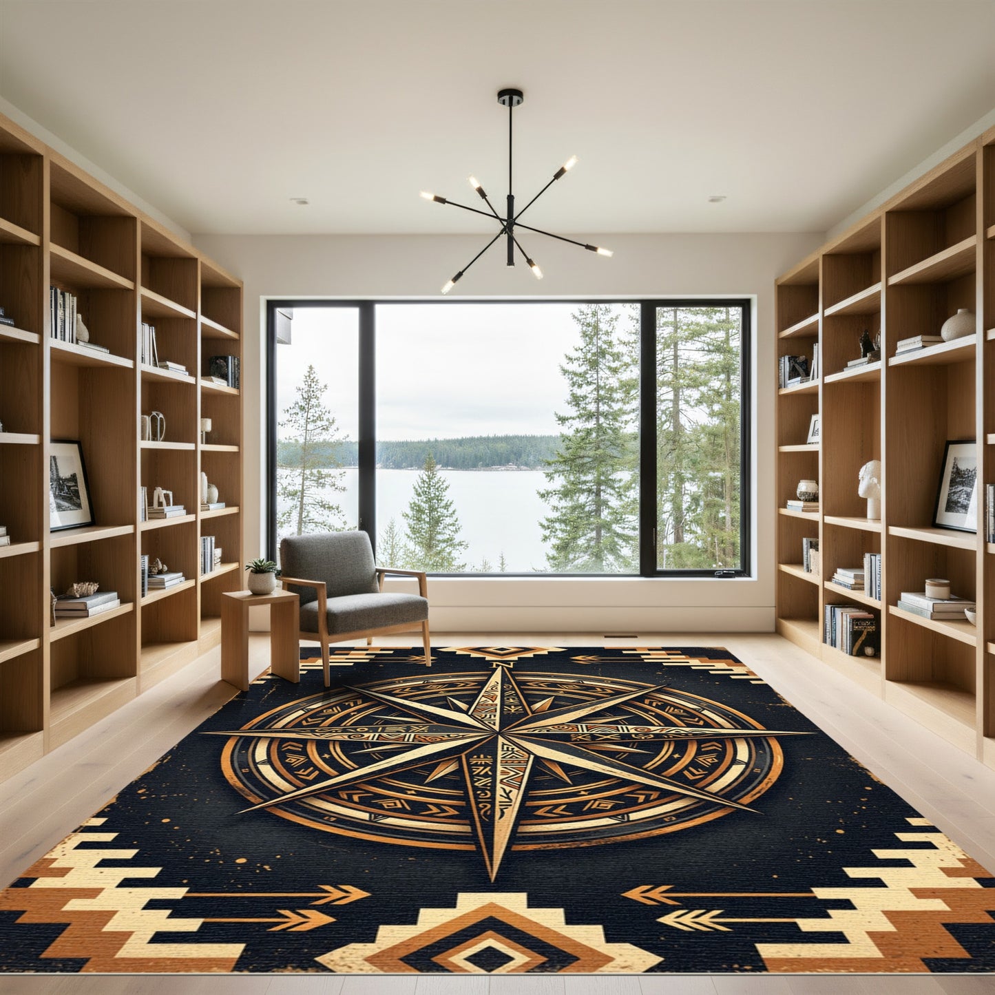 Earthy Gold Compass Southwestern Geometric Rug