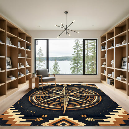 Earthy Gold Compass Southwestern Geometric Rug