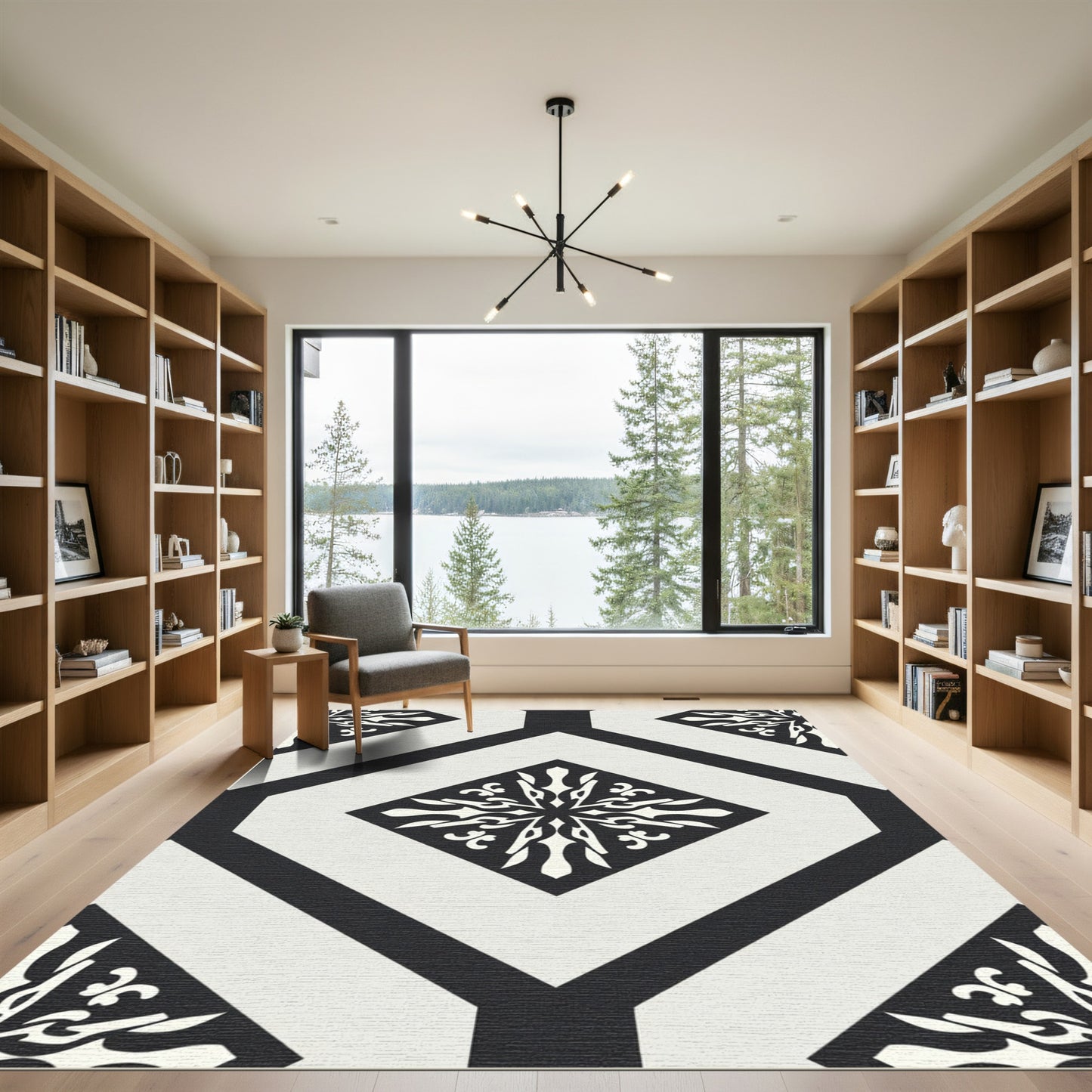 Black Cream Geometric Tile Medallion Rug