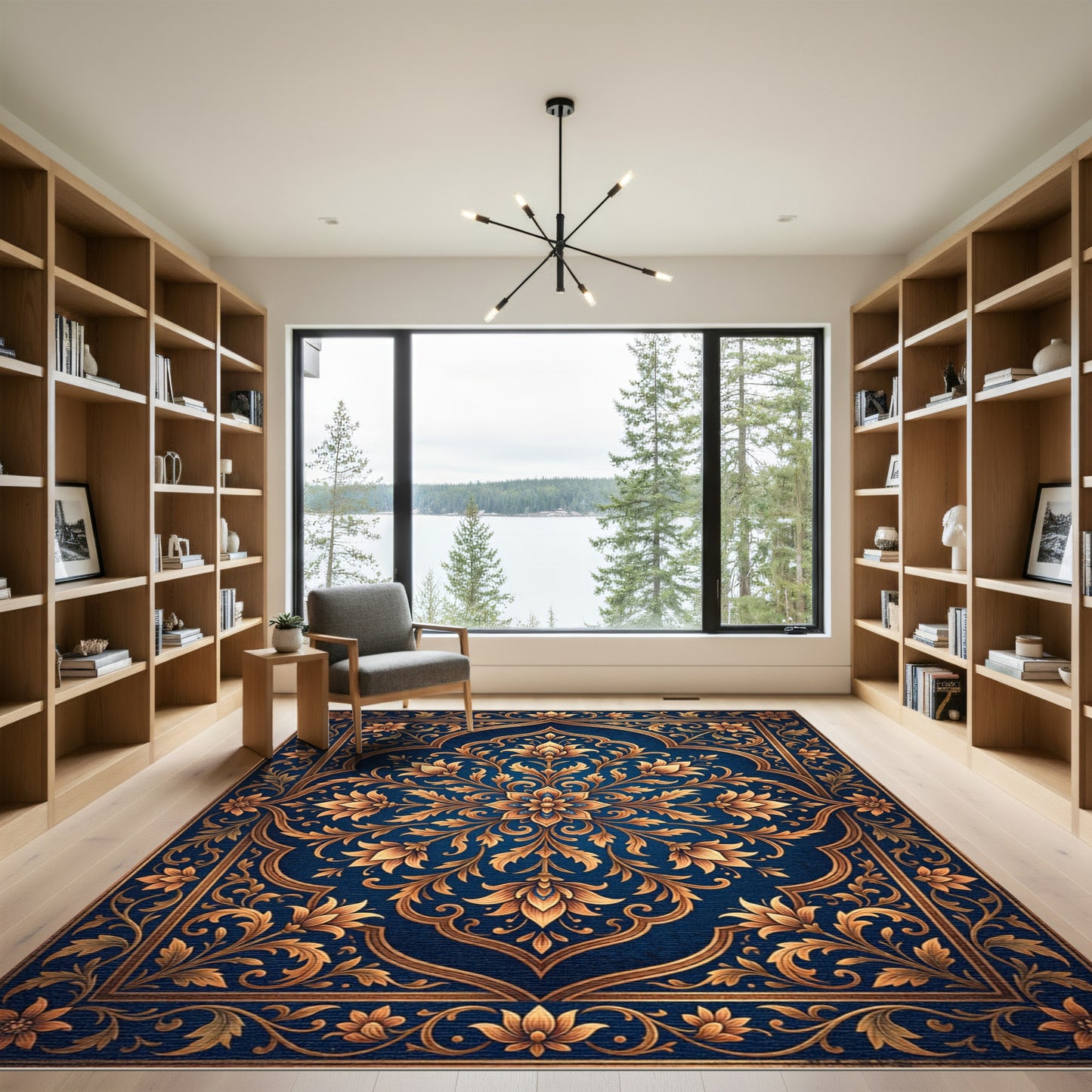 Ornate Blue Golden Floral Medallion Rug