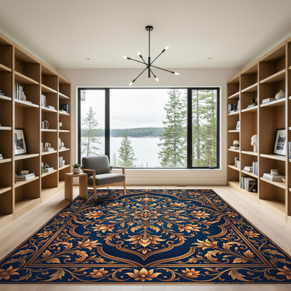 Ornate Blue Golden Floral Medallion Rug