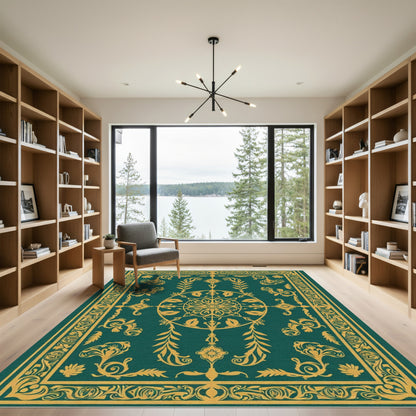 Emerald Gold Floral Medallion Tapestry Rug
