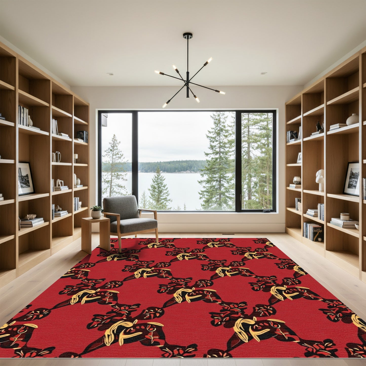Red Gold Abstract Floral Lattice Rug