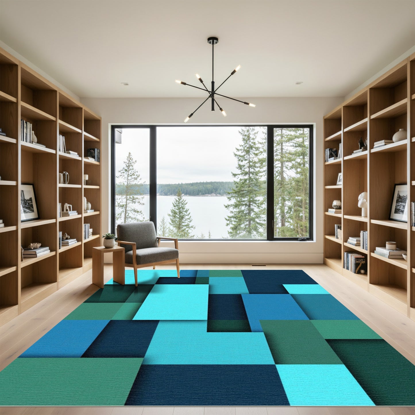 Modern Abstract Teal Geometric Block Composition Rug