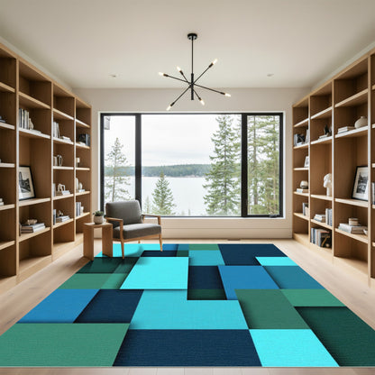 Modern Abstract Teal Geometric Block Composition Rug