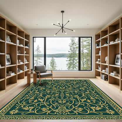 Emerald Gold Botanical Scroll Vine Rug