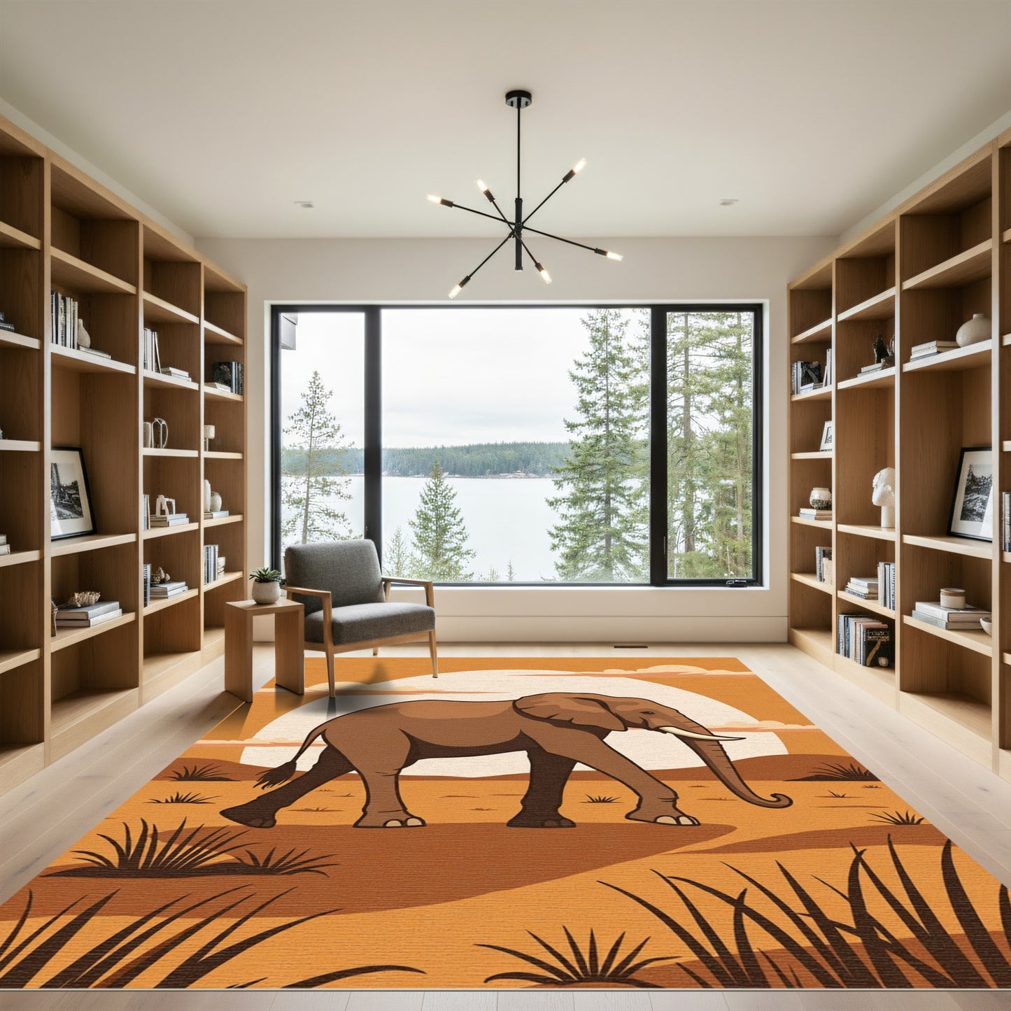 Brown Elephant Safari Sunset Scene Rug