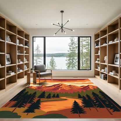 Crimson Mountains Forest River Sunset Rug
