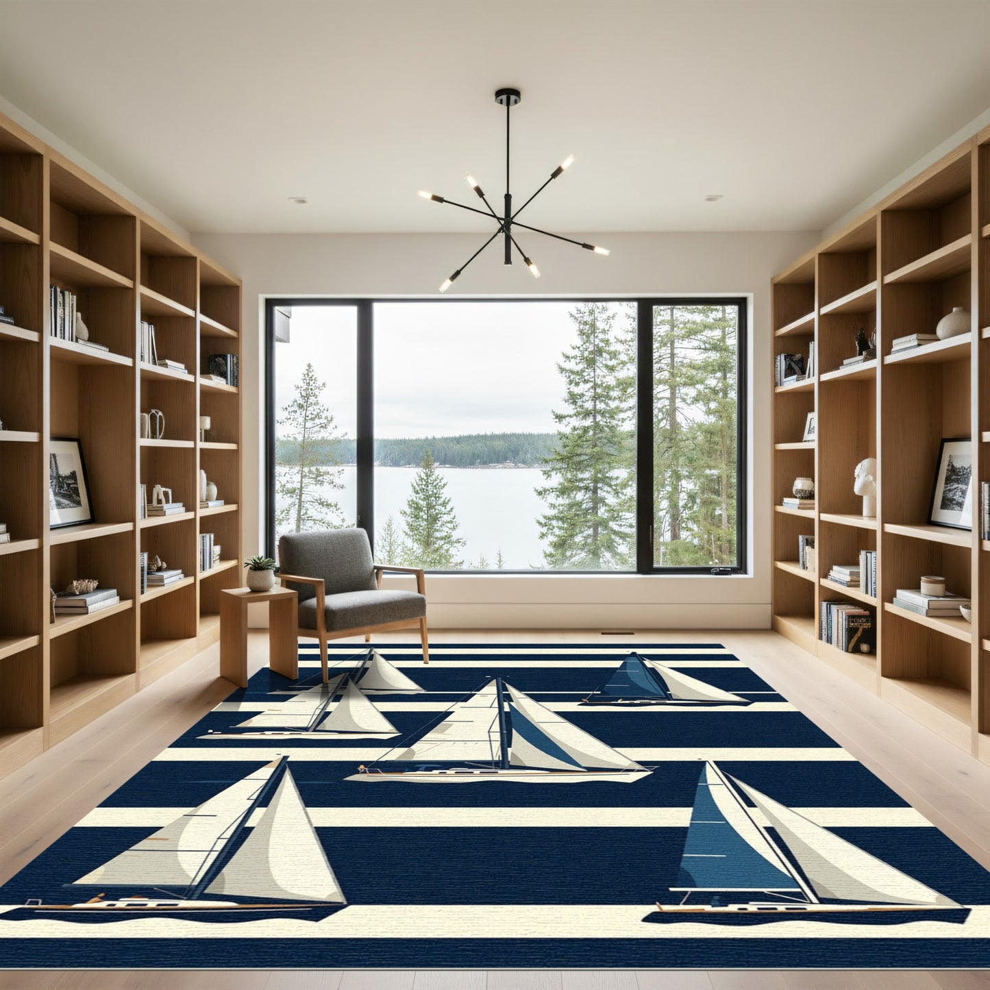 Midnight Navy Nautical Sailboat Striped Rug