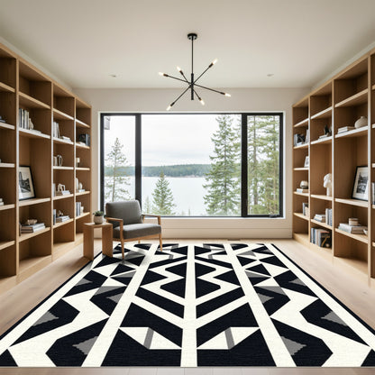 Modern Black White Geometric Stripe Accent Rug