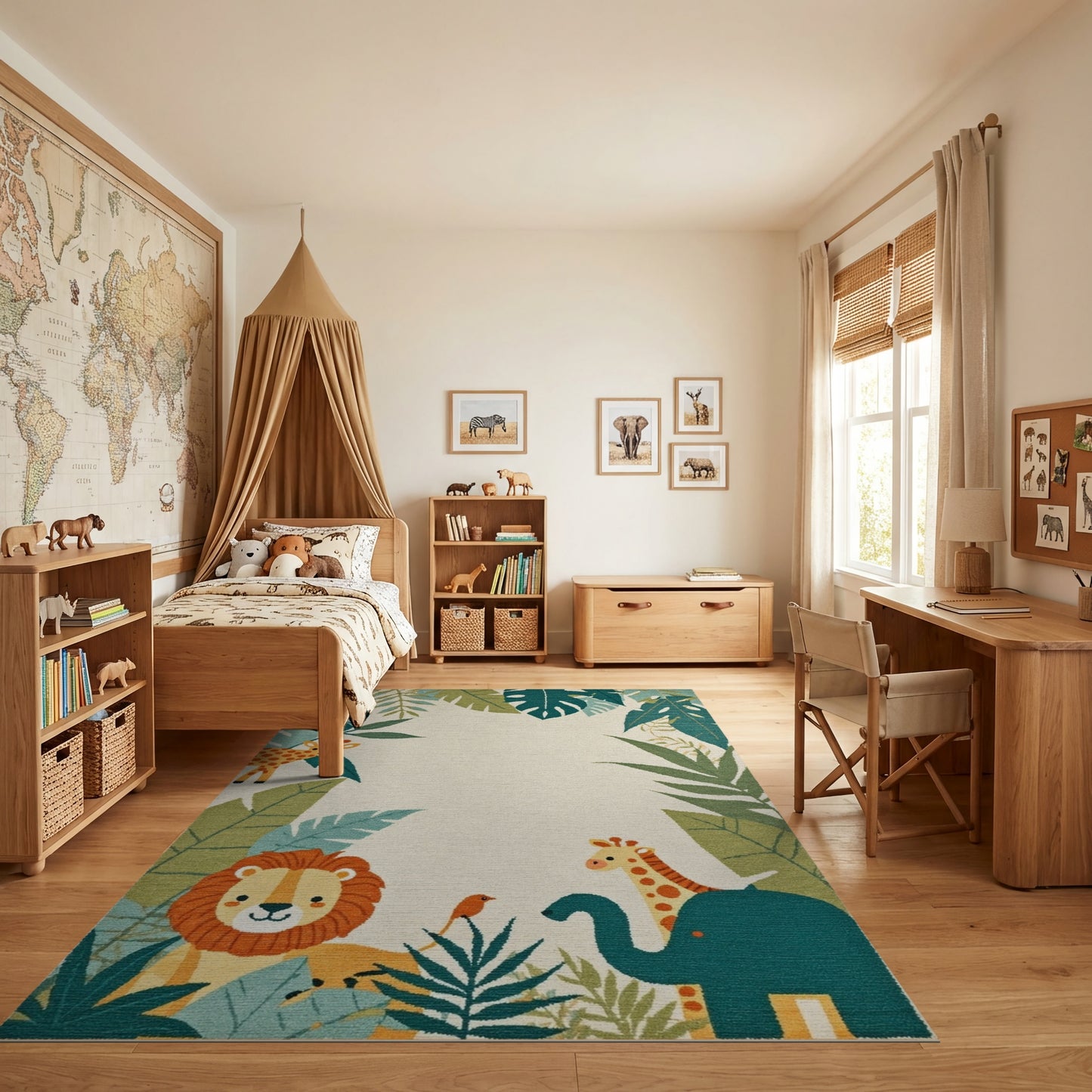 Whimsical Jungle Animals Lush Foliage Rug