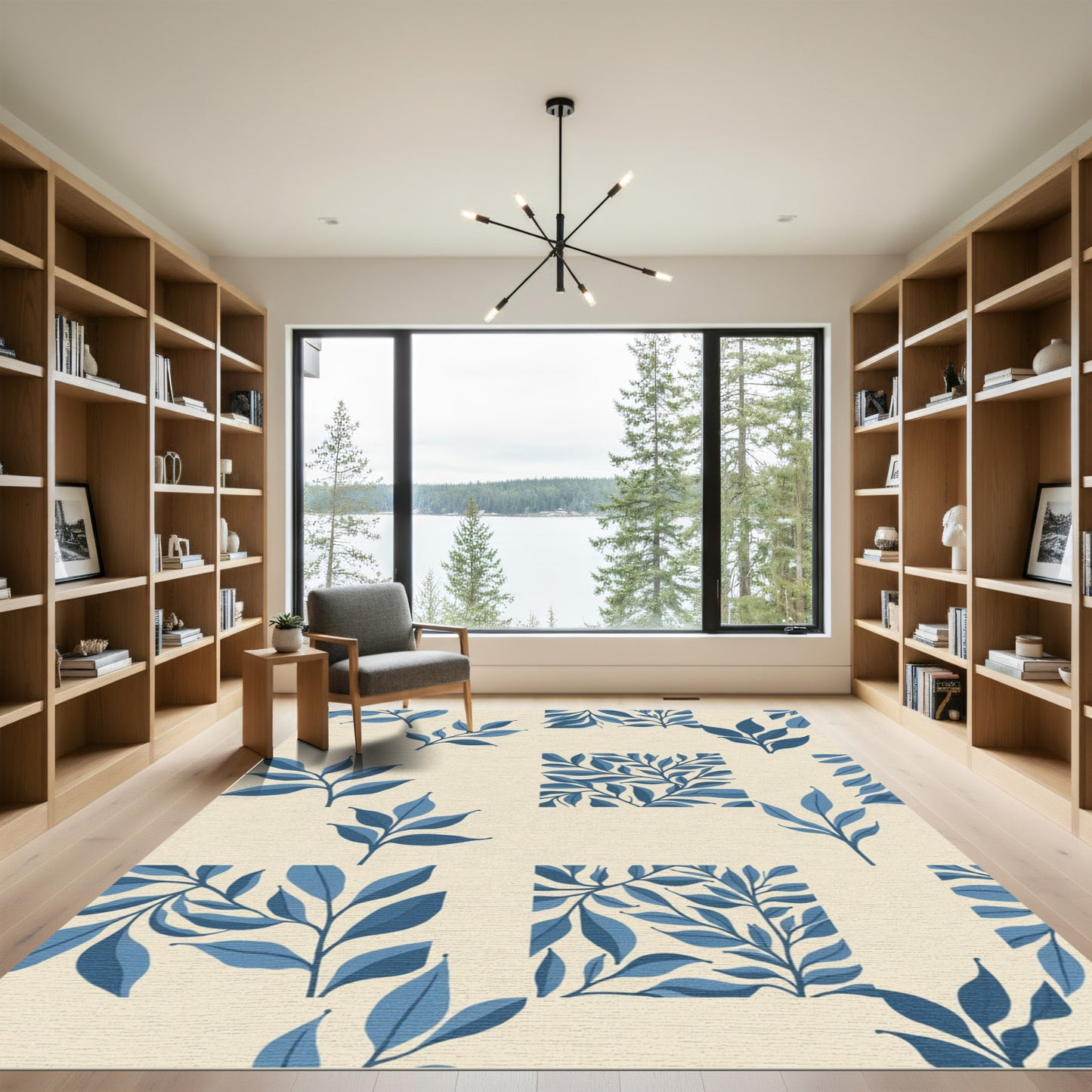 Blue Leaf Branch Square Motif Rug