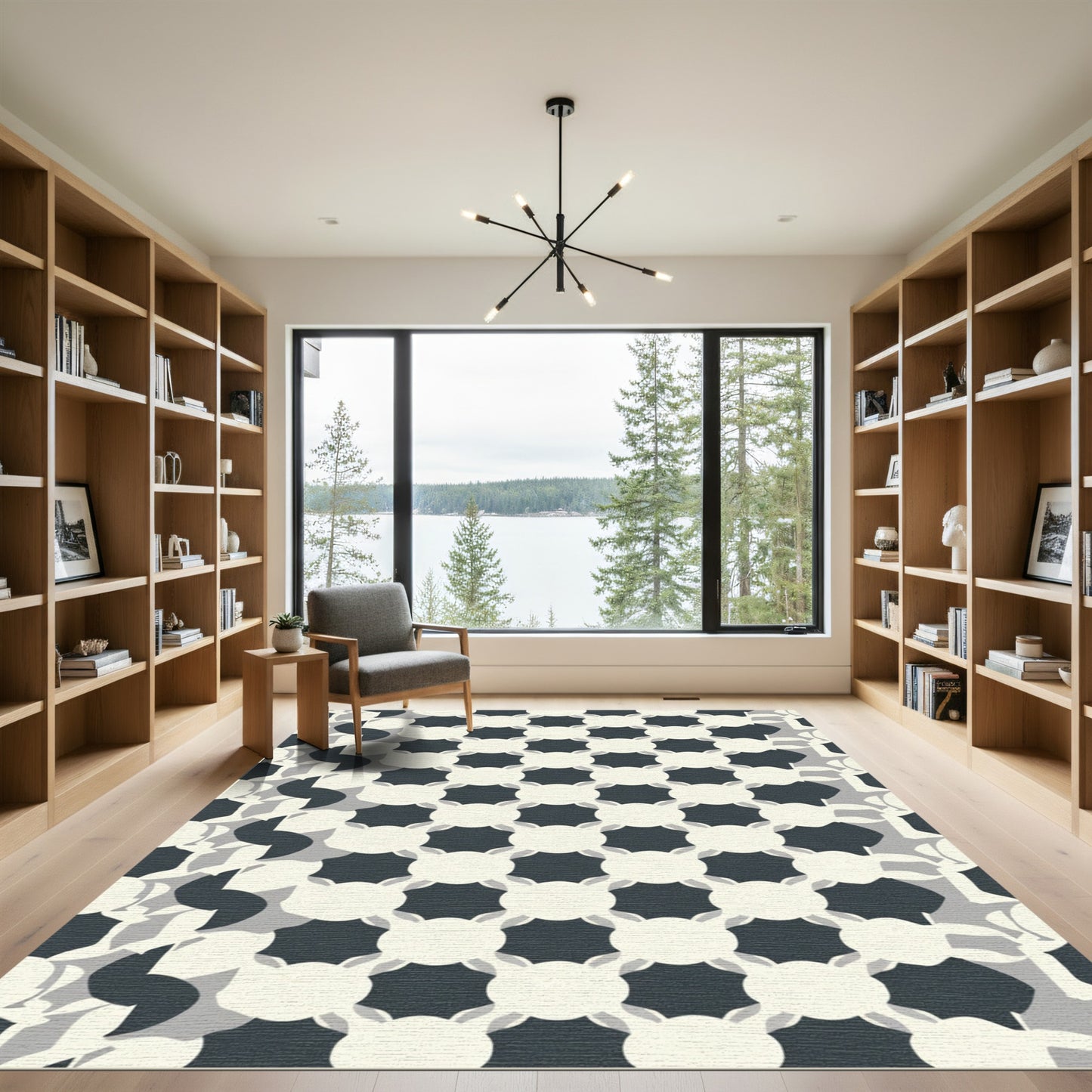Dark Cream Geometric Grid Rug