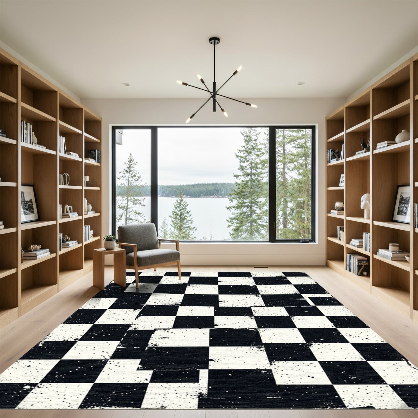 Distressed Black and White Checkered Grid Rug