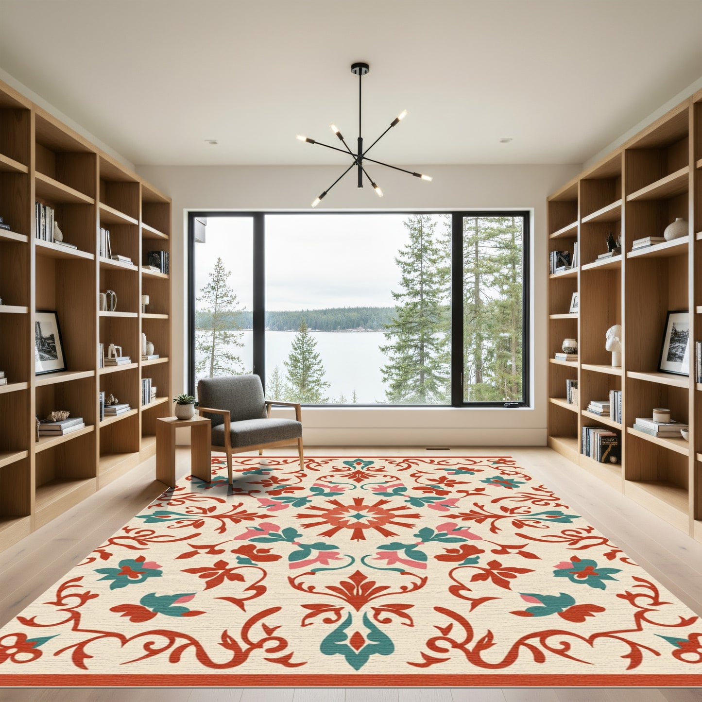 Coral Teal Floral Scroll Medallion Rug