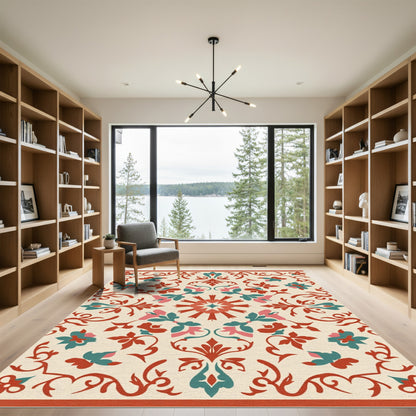 Coral Teal Floral Scroll Medallion Rug