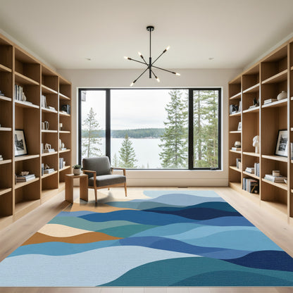 Calm Blue Abstract Layered Landscape Rug