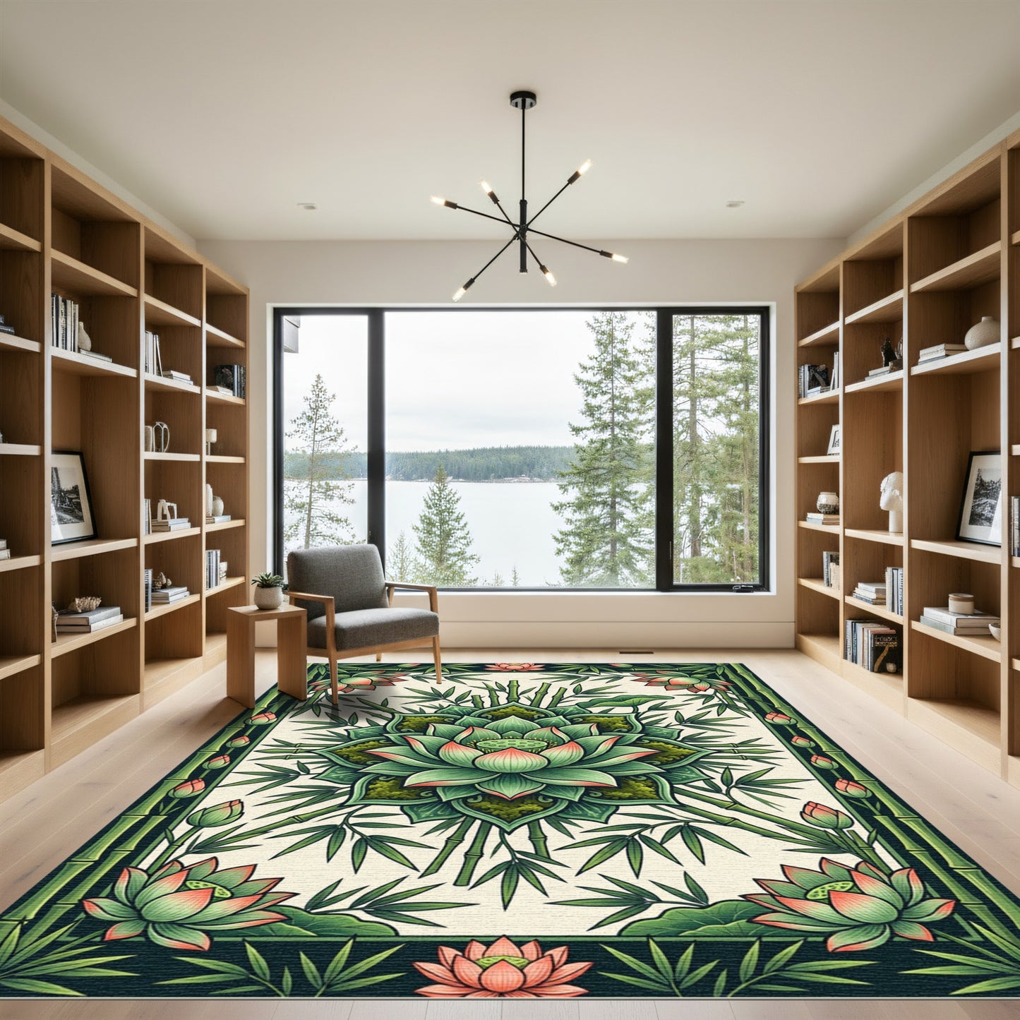 Zen Lotus Bamboo Symmetry Art Rug