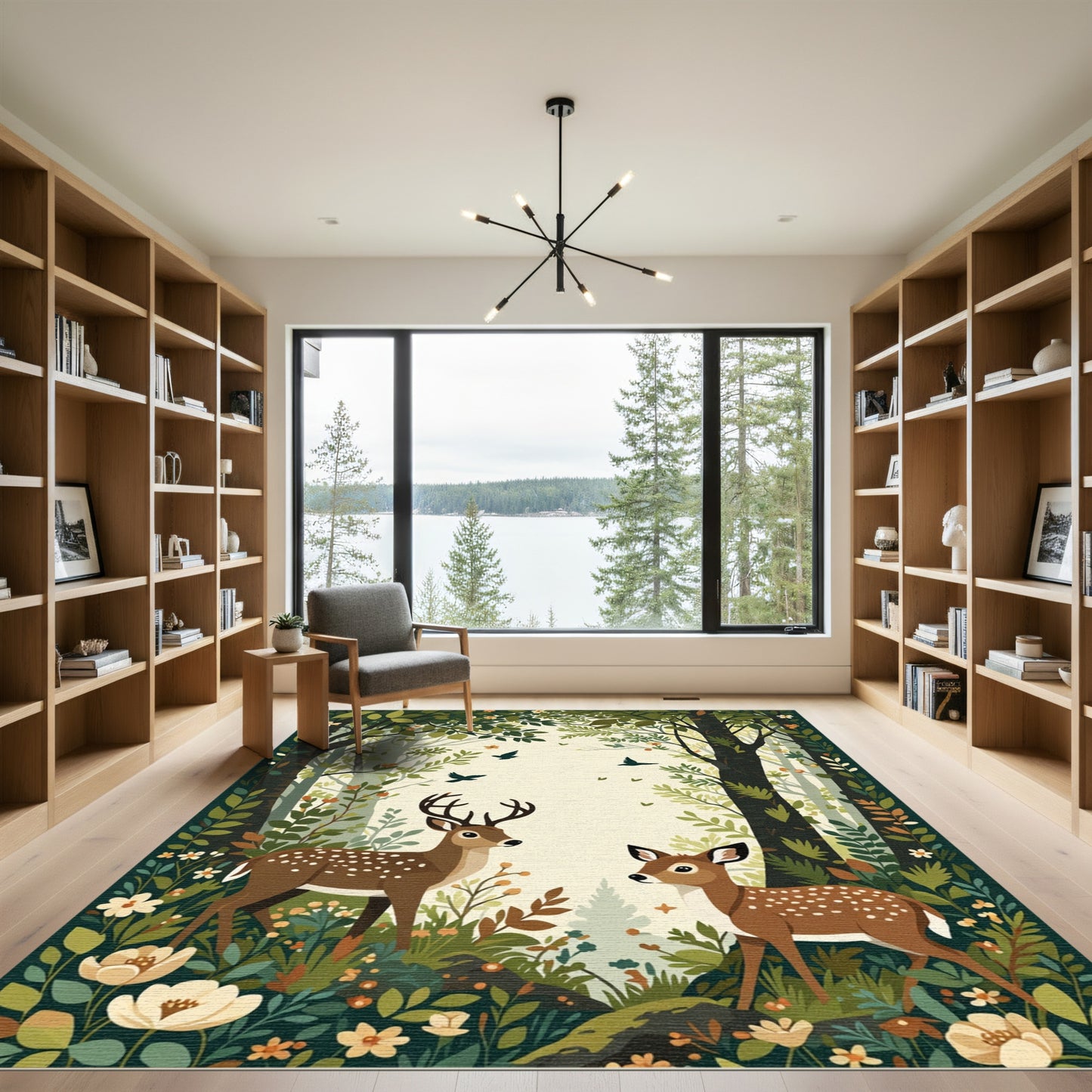 Woodland Deer Floral Birds Forest Scene Rug