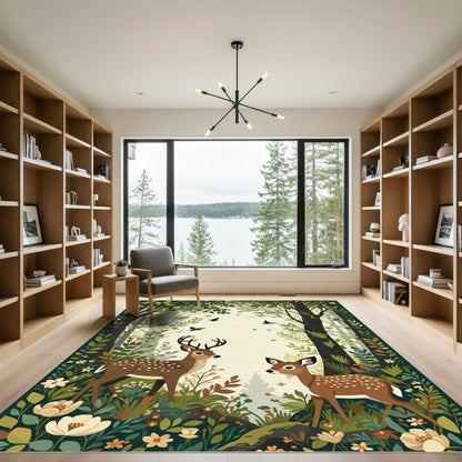 Woodland Deer Floral Birds Forest Scene Rug
