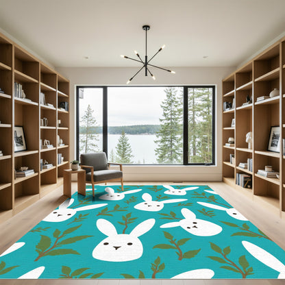 White Bunny Branches Teal Background Rug