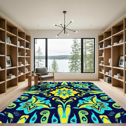 Bold Yellow Teal Blossom Symmetry Rug