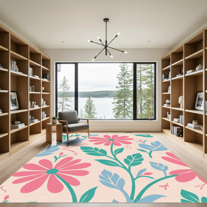 Pink Daisy Floral In Teal Blue Rug