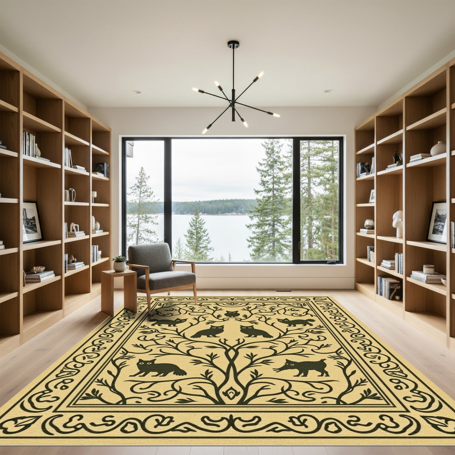 Black Woodland Animals Tree Border Rug