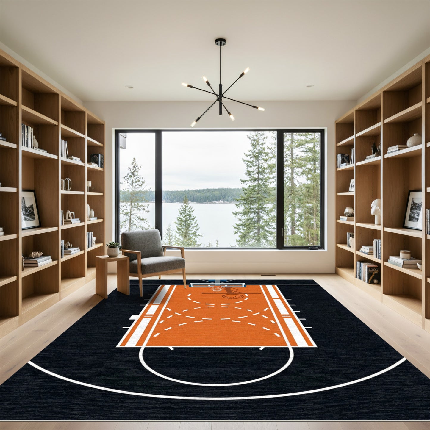 Minimalist Orange Basketball Court Illustration Rug
