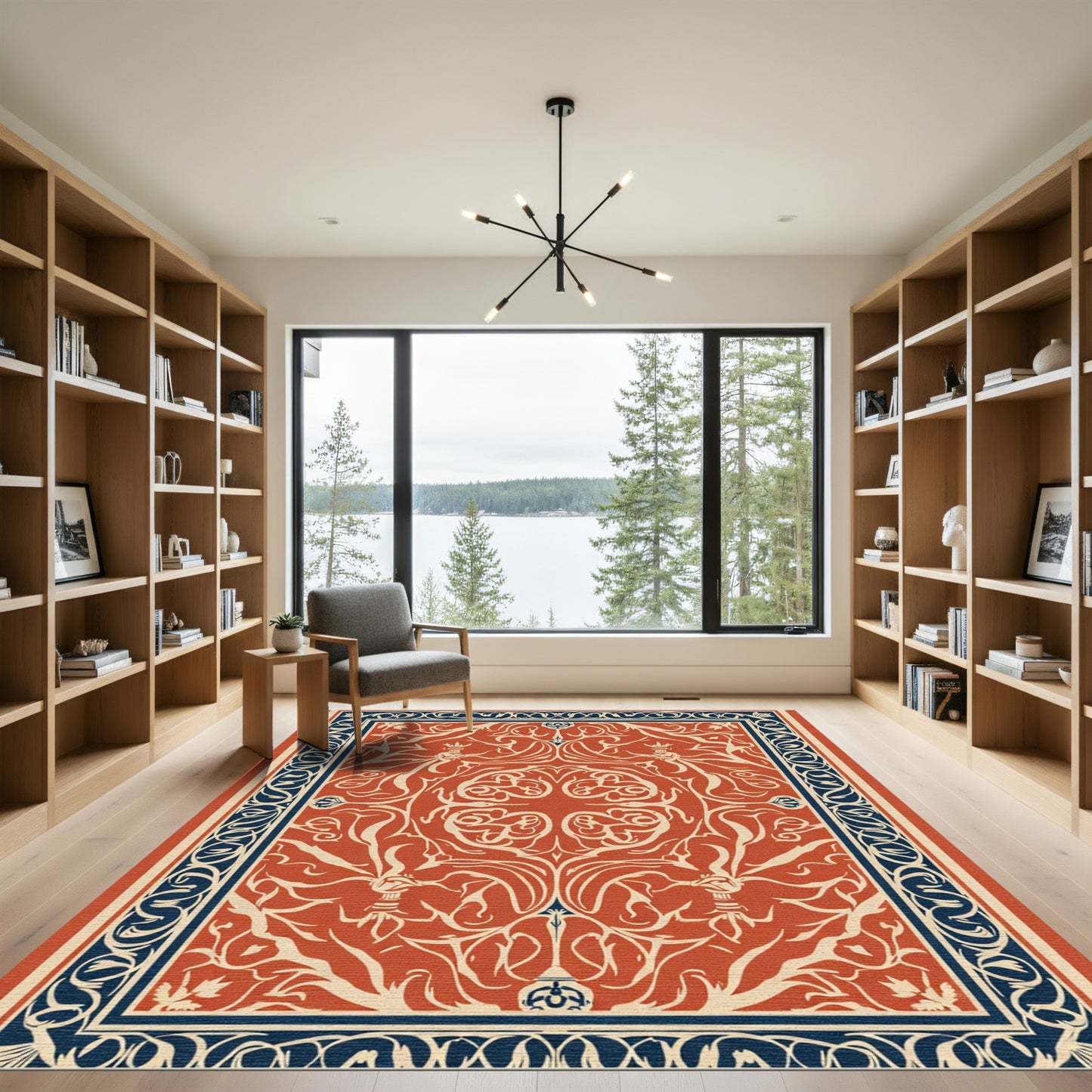 Terracotta Blue Swirling Floral Medallion Rug