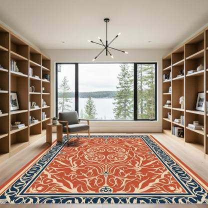 Terracotta Blue Swirling Floral Medallion Rug
