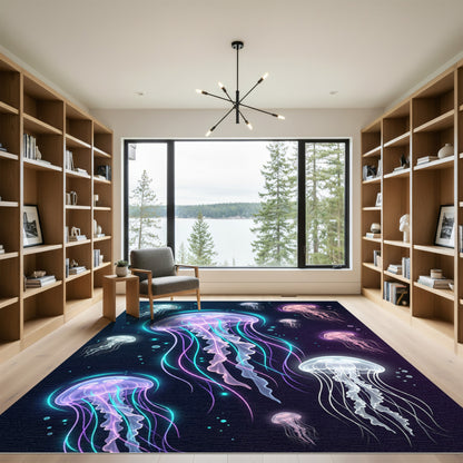 Glowing Neon Jellyfish Bioluminescent Deep Sea Rug