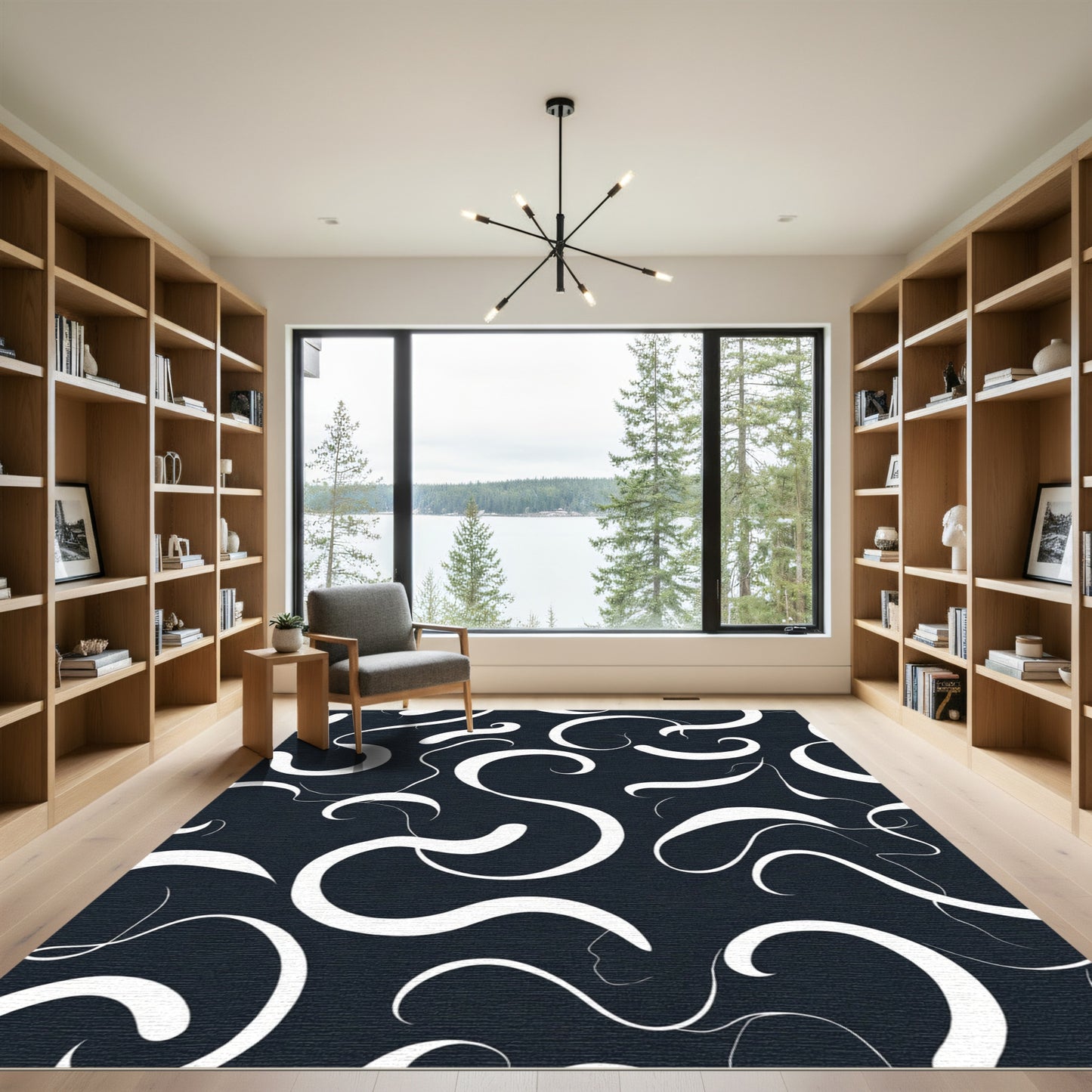 Chic White Swirls Dark Composition Rug