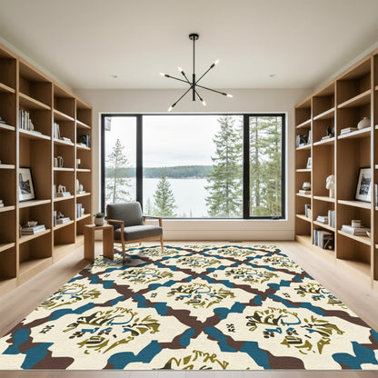 Cream Brown Blue Abstract Medallion Rug
