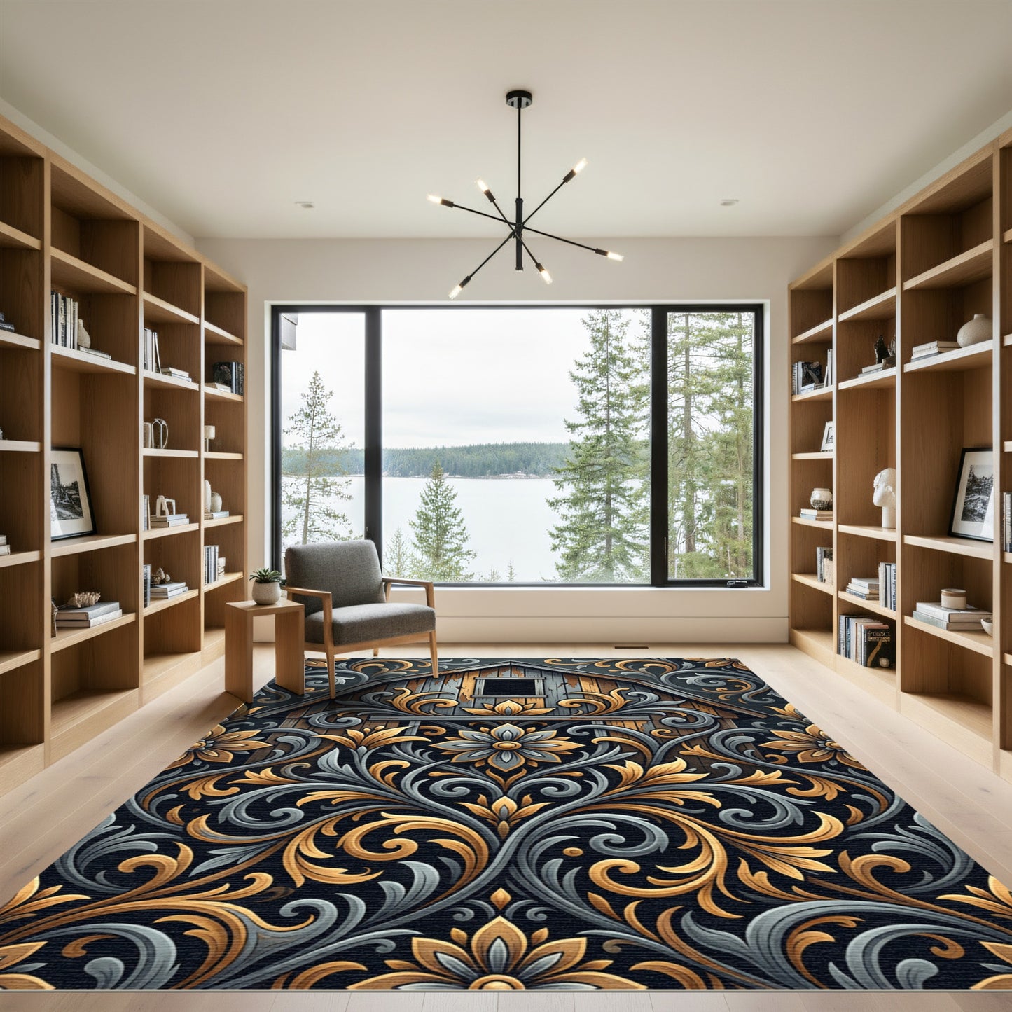 Rustic Slate Gray Gold Floral Scroll Rug