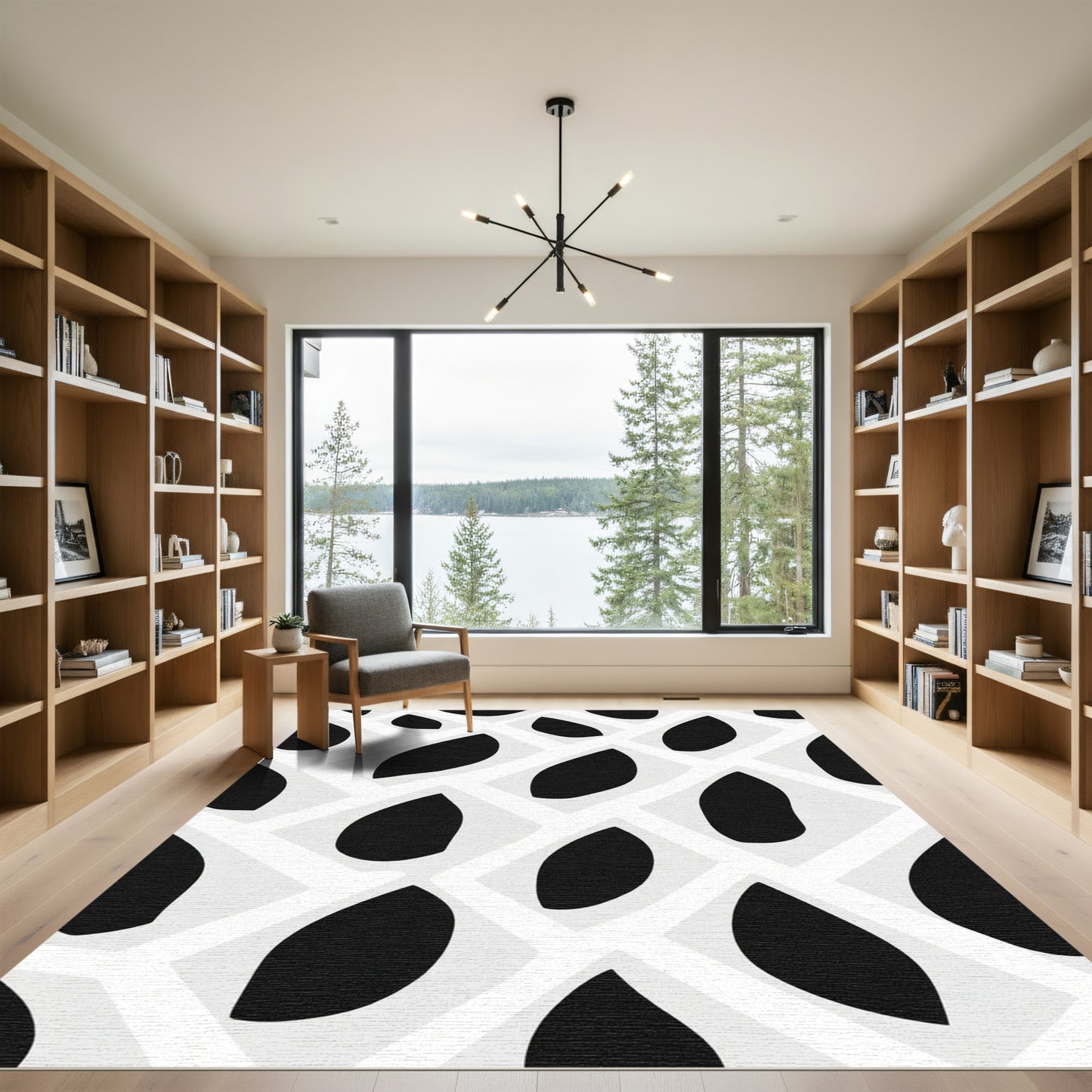 Black Organic Forms Grid Rug