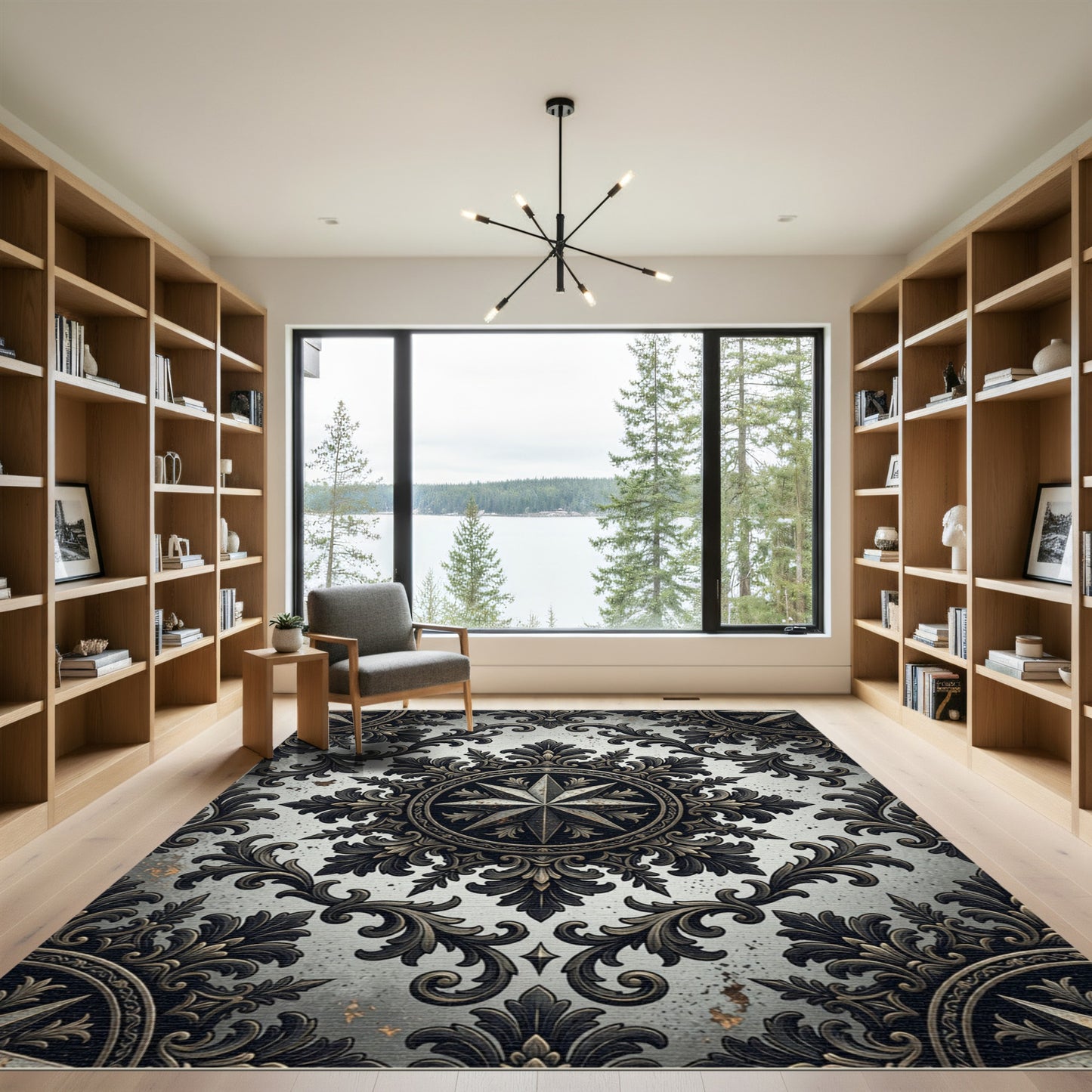 Ornate Metallic Compass Rose Medallion Rug