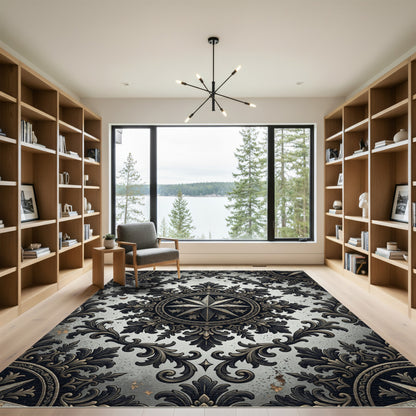 Ornate Metallic Compass Rose Medallion Rug