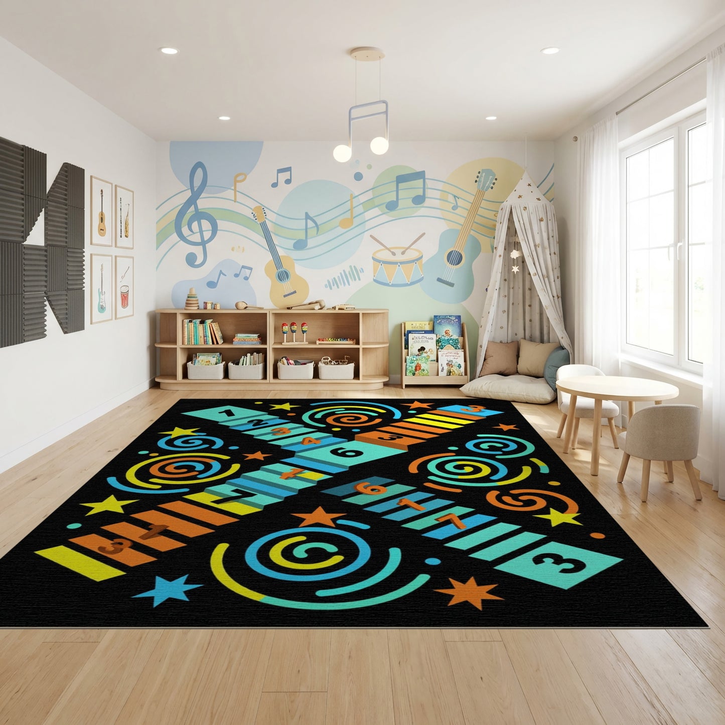 Playful Multicolor Numbered Circles Squares Rug