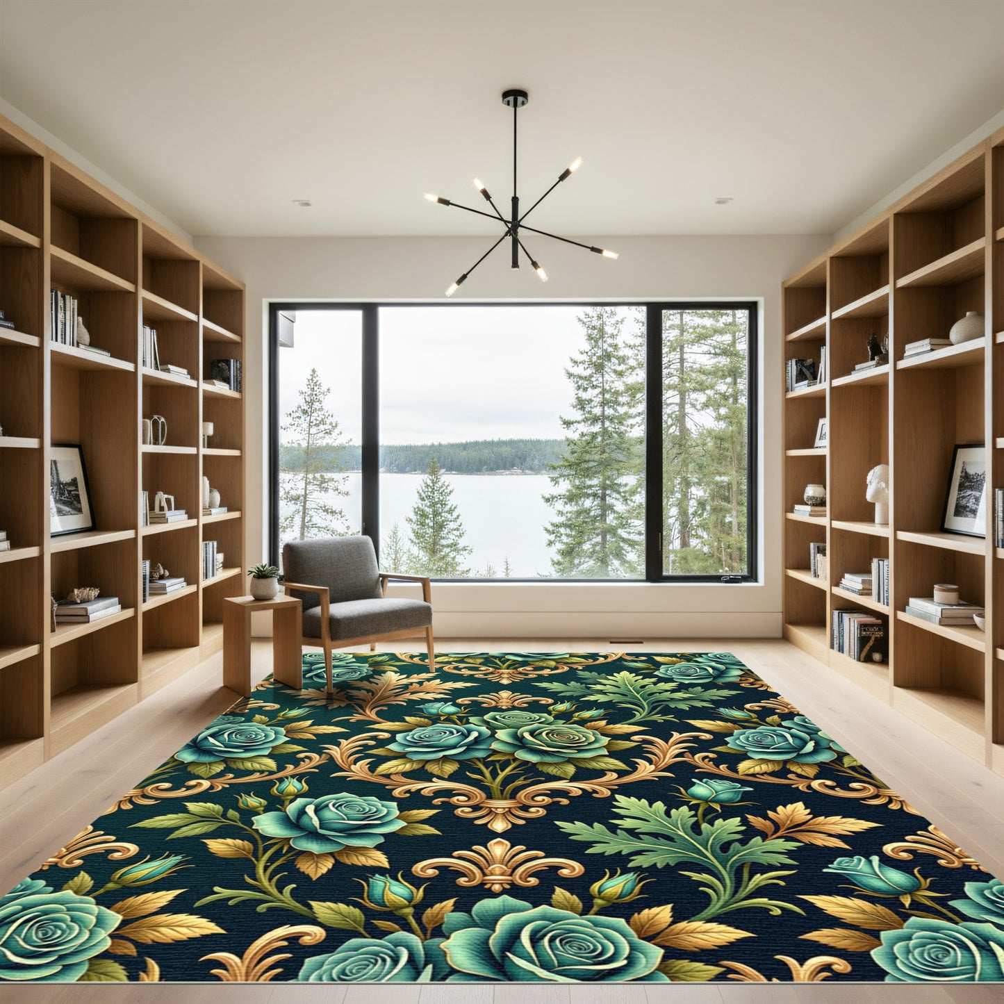 Teal Rose Baroque Gold Scroll Rug
