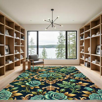 Teal Rose Baroque Gold Scroll Rug